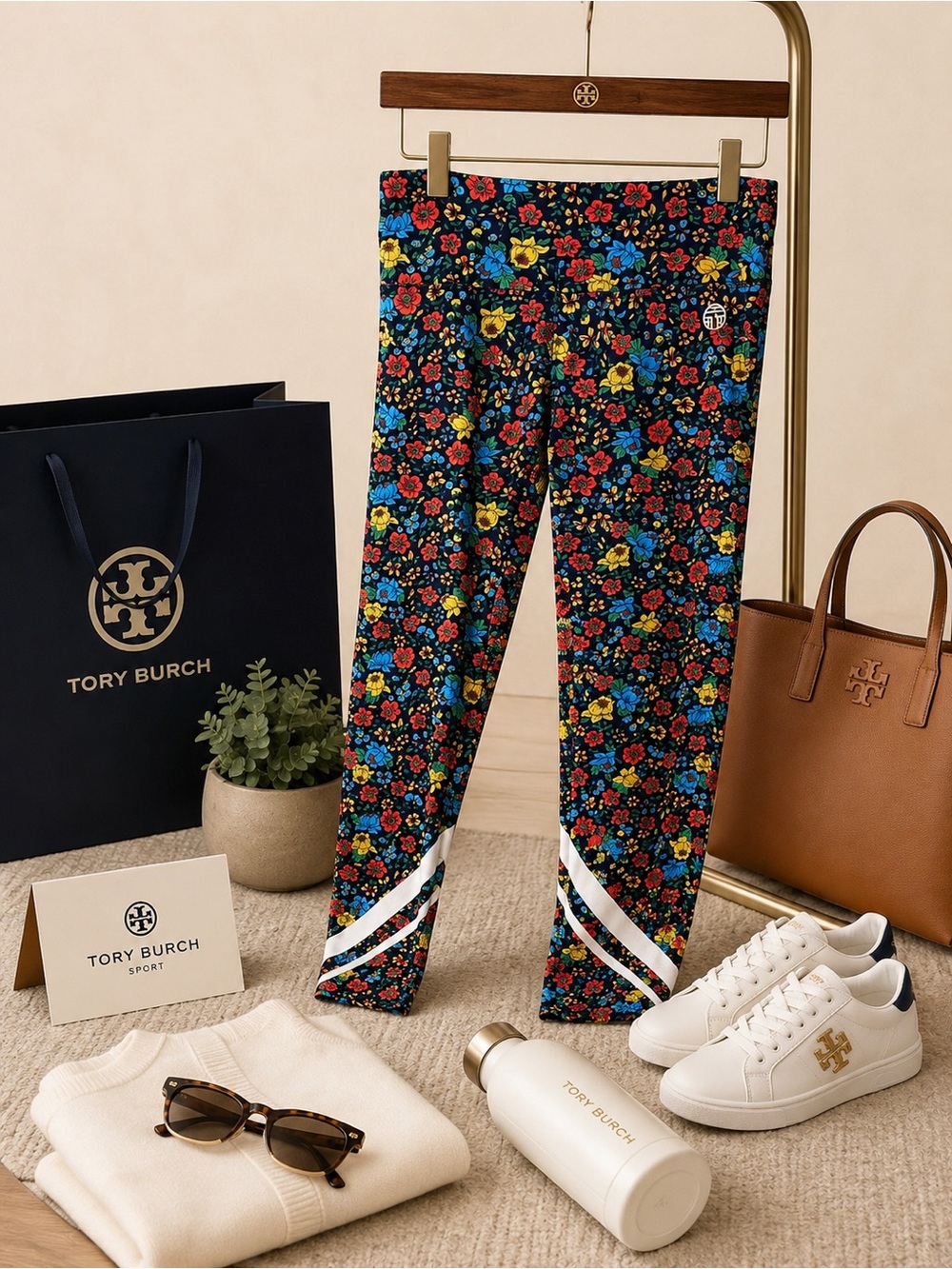 Tory Sport Floral Print Leggings in Black, Blue, Red, Yellow - Picture 2 of 6